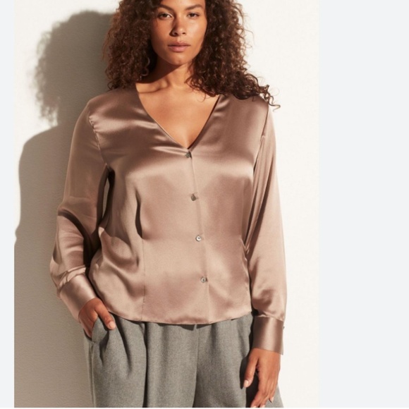 NWT Vince Silk Long Sleeve V-neck Button Down Blouse, Taupe, size S - Picture 1 of 11